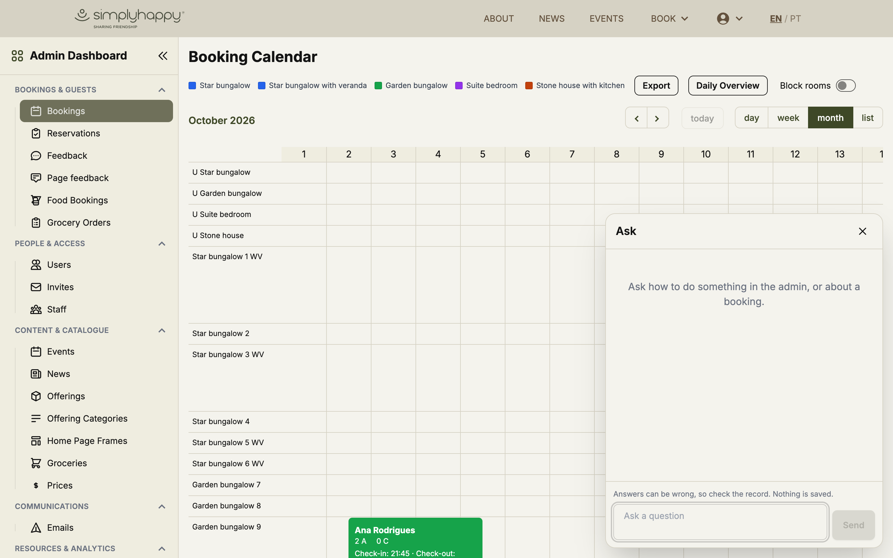 The admin booking calendar by room with the read-only Ask panel open and its note that nothing is saved