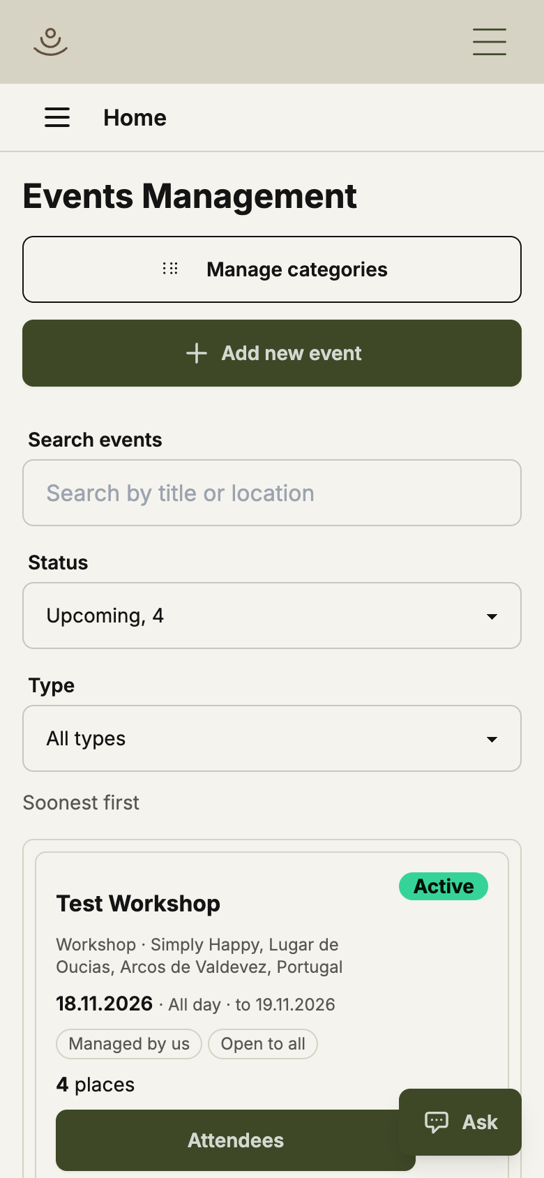The admin events list at phone width