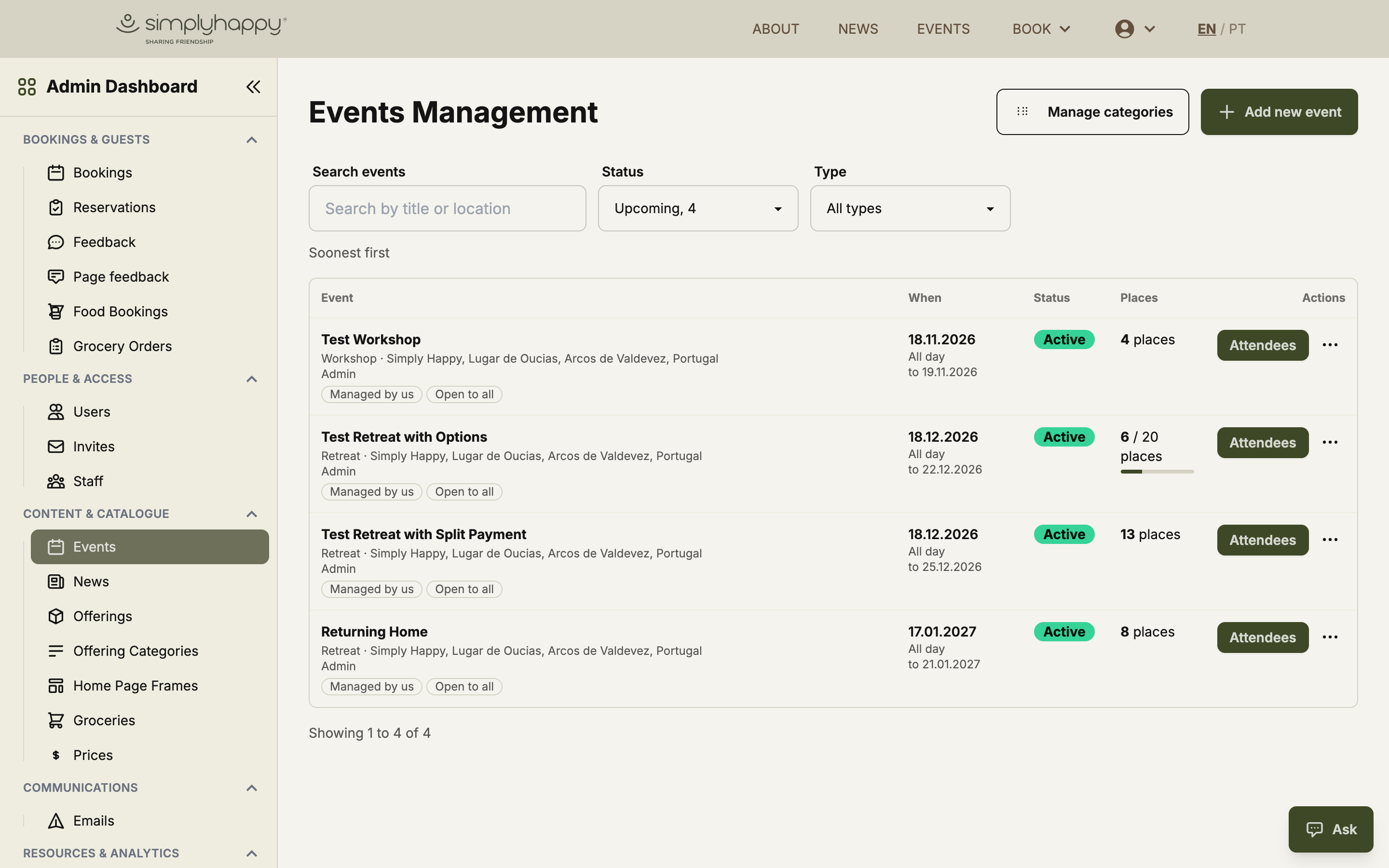 Admin events list with status, places and attendee actions per event