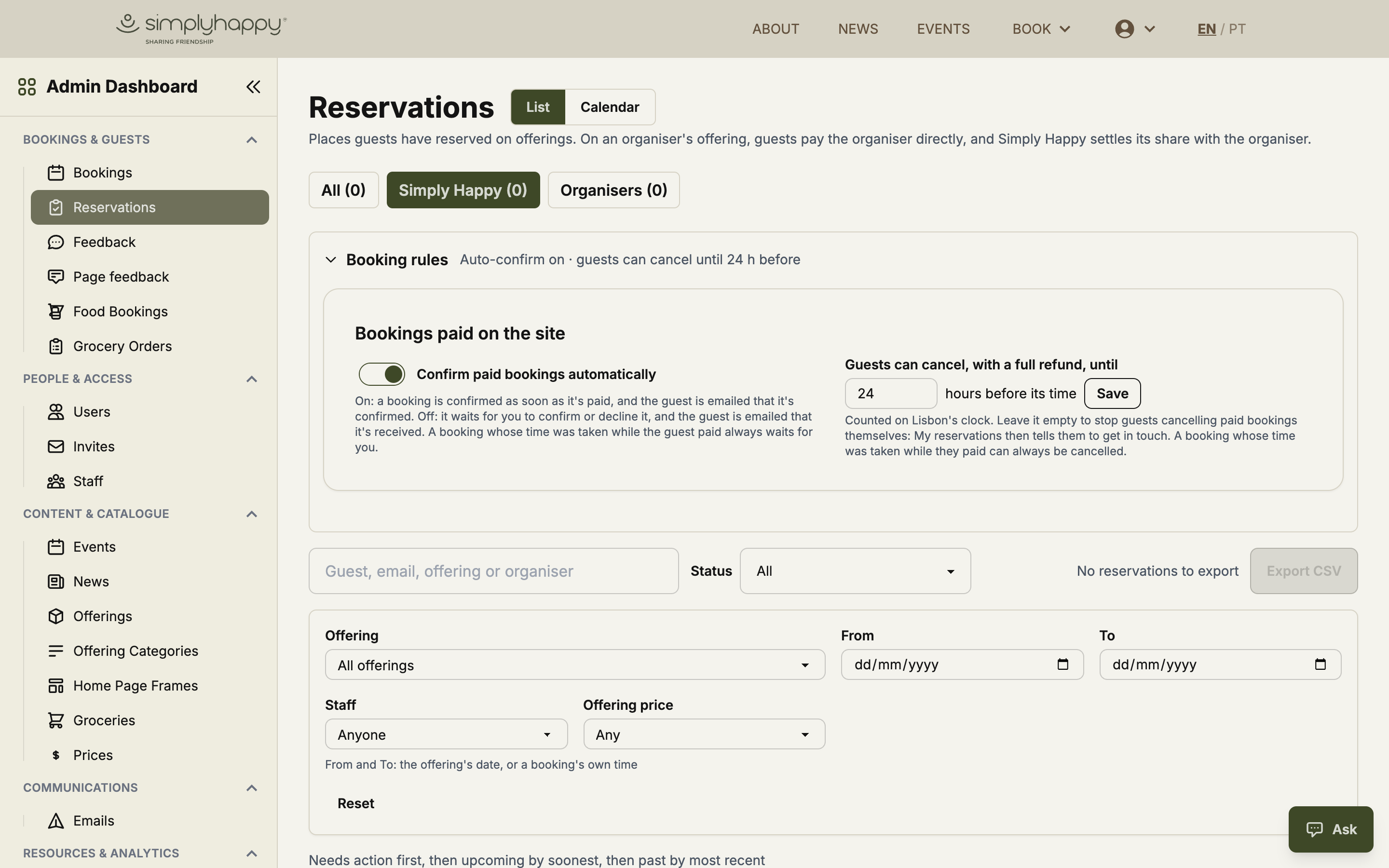 Admin reservations page with the booking rules panel: auto-confirm toggle and guest cancellation window