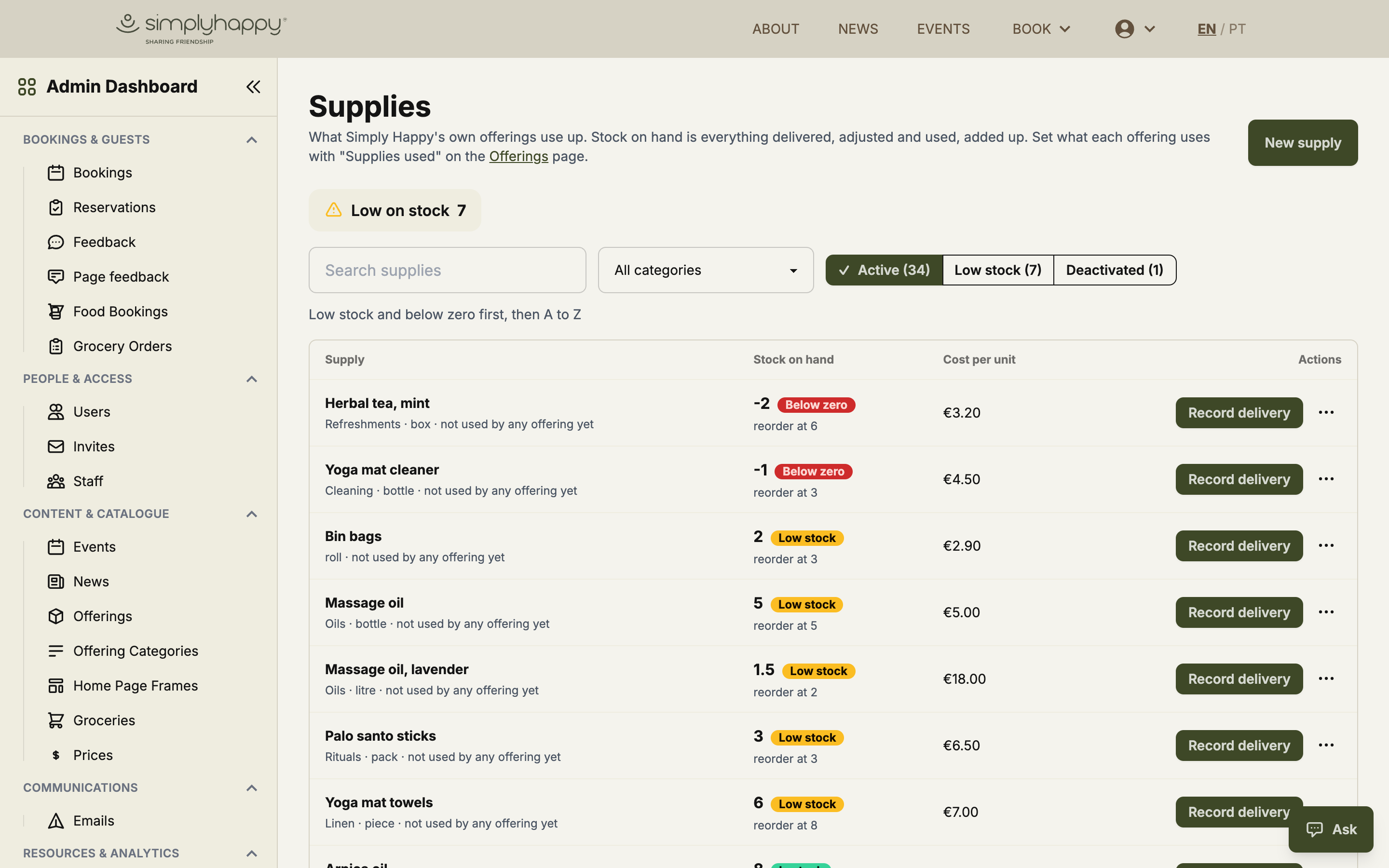 Admin supplies list with stock on hand, low-stock flags, reorder points and record-delivery actions