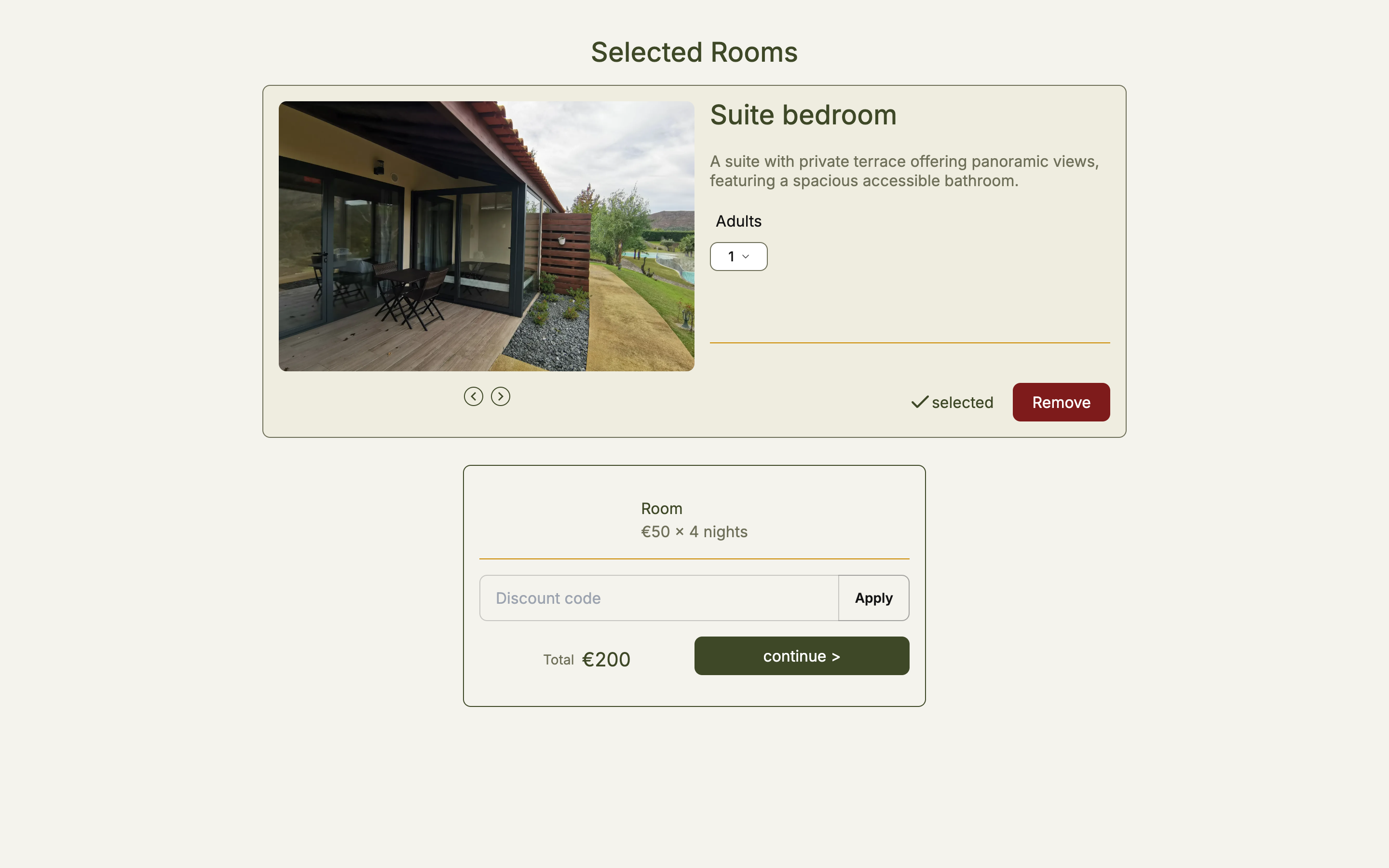 The selected room with the summary box showing nights, discount code field and total before continuing to payment