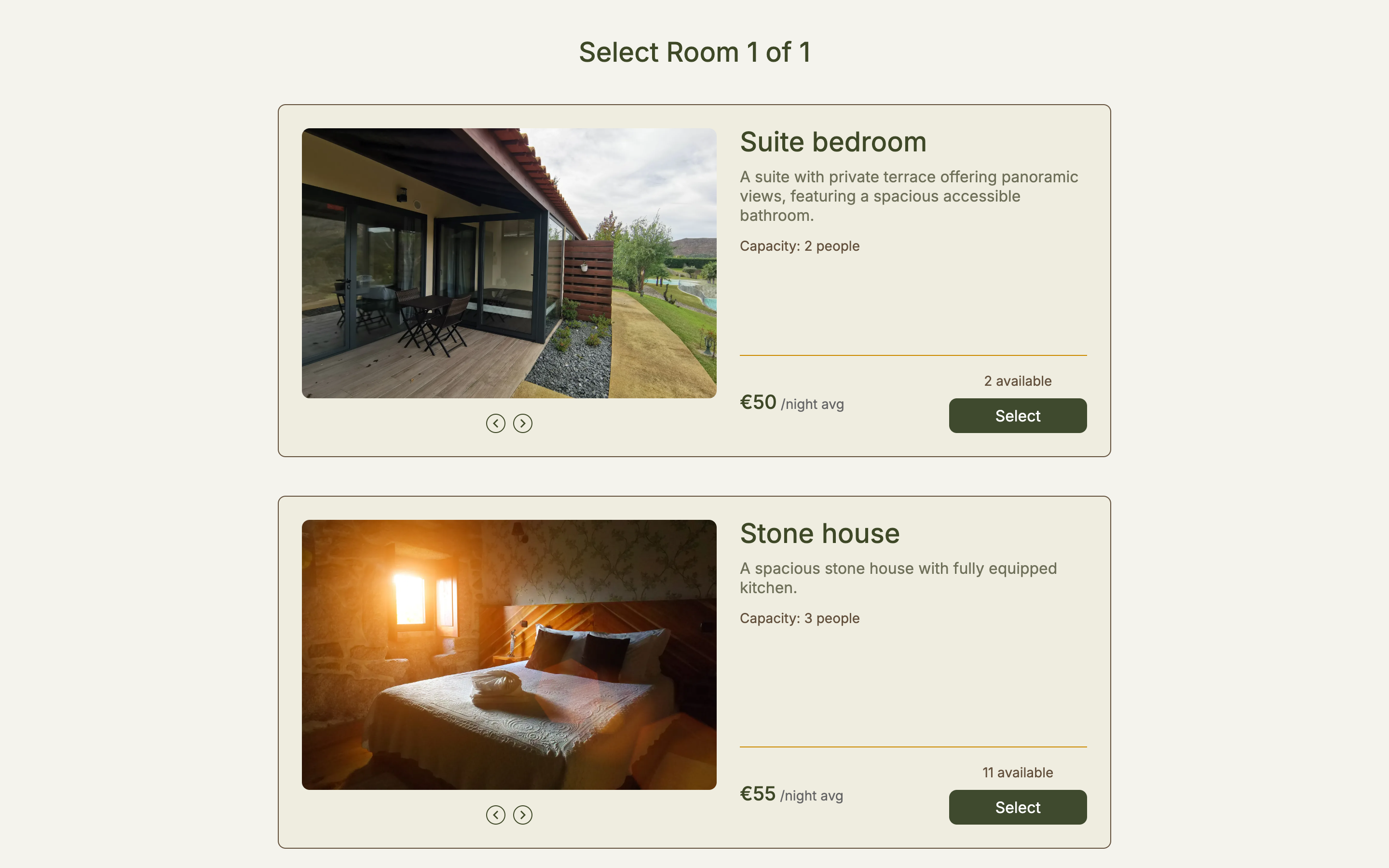 The booking flow after dates are chosen: room categories with photo, capacity, availability and a Select button
